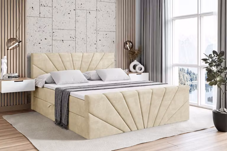 Letto boxspring ALTDECOR con pediera, materasso H3 e topper - 140x200 cm - MILTIO-Z - Velluto beige - Letto imbottito con contenitore e rete a doghe, letto con spazio di stivaggio