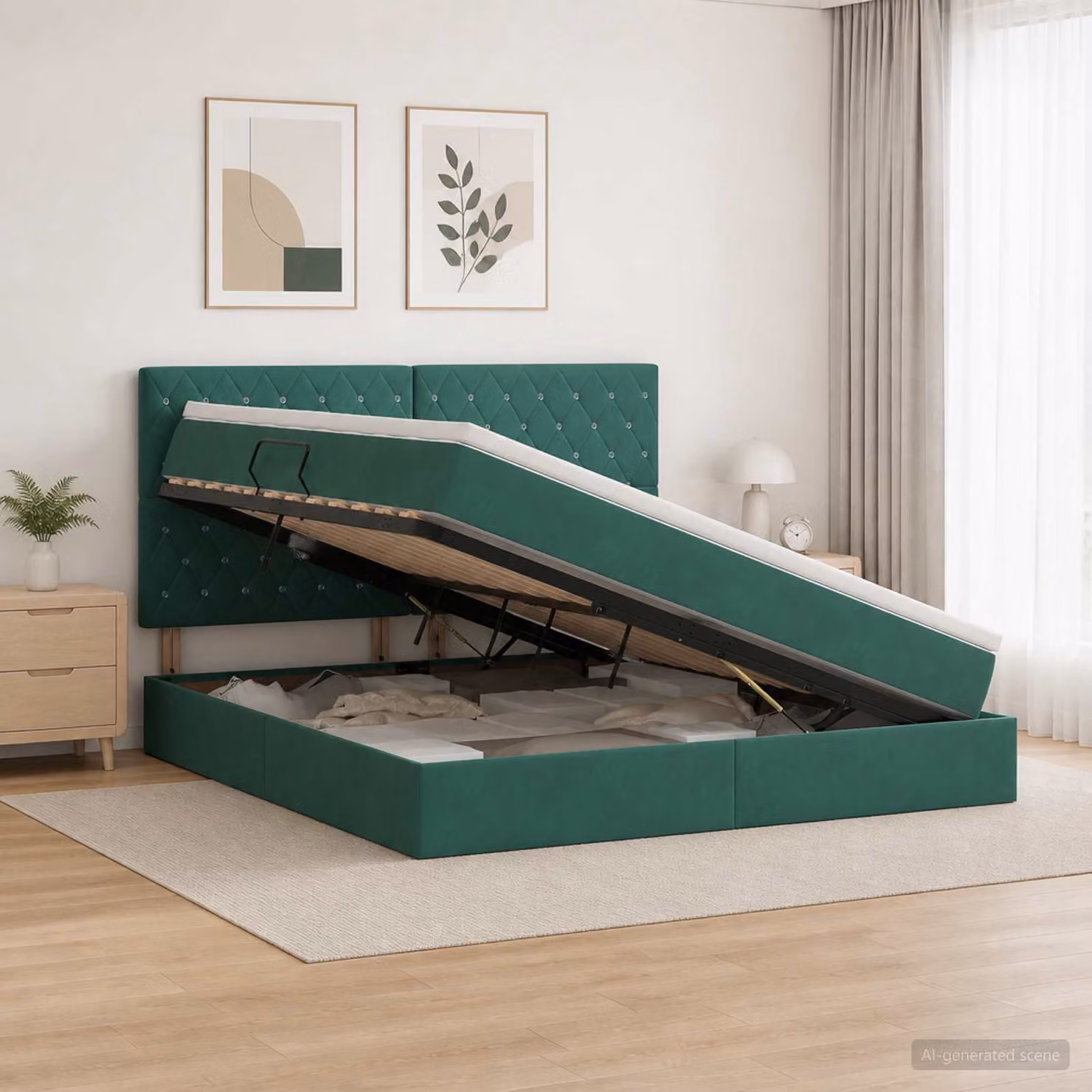 Letto con contenitore e illuminazione LED vidaXL in velluto verde scuro L/P/H: 160 x 200 x 128 cm