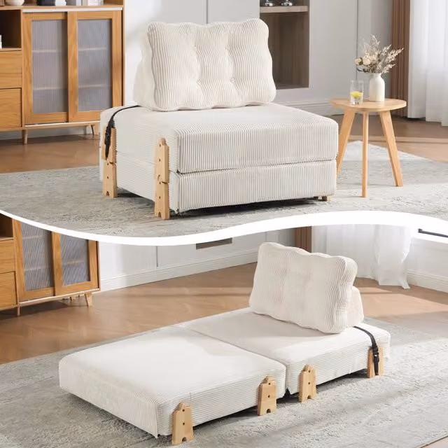Divano letto singolo ¨C Minimal ¨C Beige in corda con gambe in legno