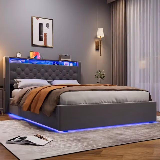 Letto doppio 140x190 cm con LED; cassetto a rotelle e vano portaoggetti; in velluto grigio scuro; senza materasso