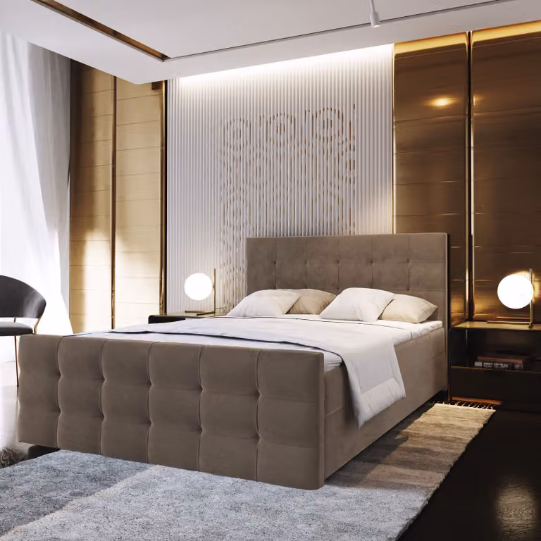 Letto a molle insacchettate Masseno AMON 160x200 cm completo di materasso e topper Bonell, letto imbottito con cassettiera - marrone, COSMIC 800