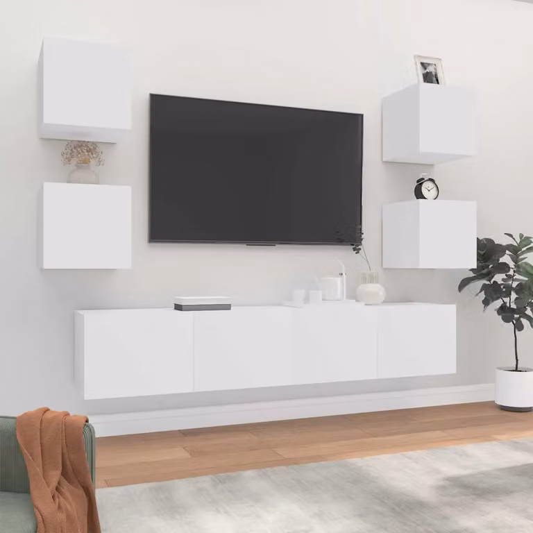 Set di mobili porta TV da soggiorno vidaXL in 6 pezzi bianco in legno e MDF, modello classico a parete L: 80 cm, P: 30 cm, H: 30 cm