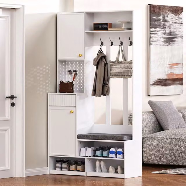 Completo guardaroba ingresso con panca - Xylo - 100??180??35 cm - Bianco - 4 ganci, porte e cassetti
