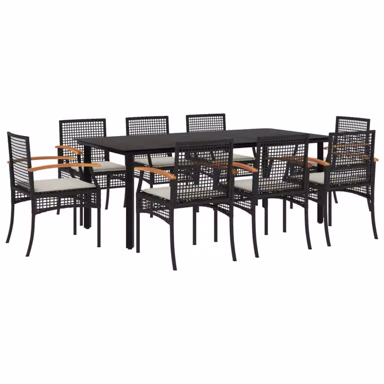 Set da Pranzo da Giardino 9 pz con Cuscini Nero in Polyrattan