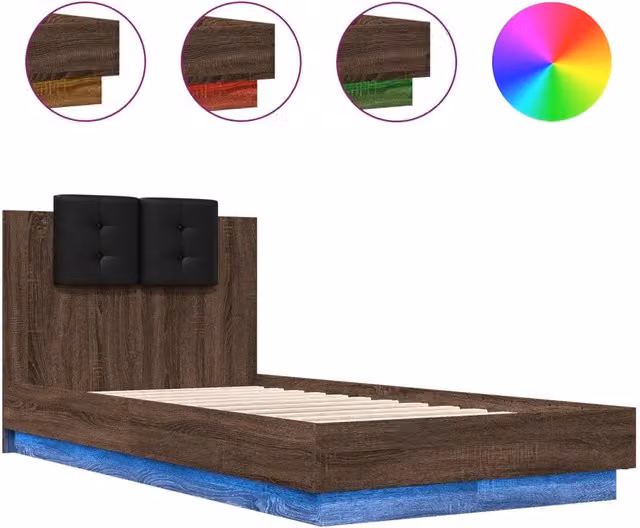 Letto singolo moderno con testiera, illuminazione LED sottostante e porta di ricarica USB, Rovere Marrone, L: 75 cm x P: 190 cm