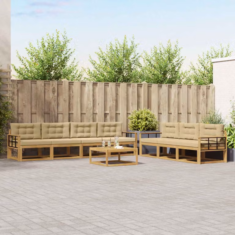 Set di divani da esterno vidaXL a forma di L in legno di acacia con cuscini, Bianco e Beige