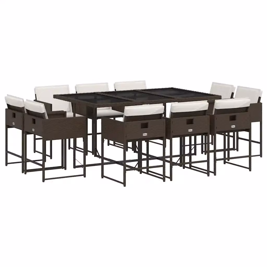 vidaXL Set da Pranzo da Giardino 11 pz in Polyrattan Marrone con Cuscini Bianchi e Tavolo in Vetro – 2