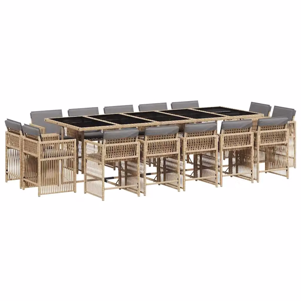 Set Pranzo da Giardino vidaXL in Polyrattan con Cuscini Beige e Grigio e Tavolo in Vetro 15 pz – 2