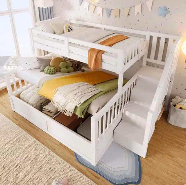Letto a castello 90x200 + 140x200 cm con vano contenitore idraulico e scala contenitore, struttura in legno bianco