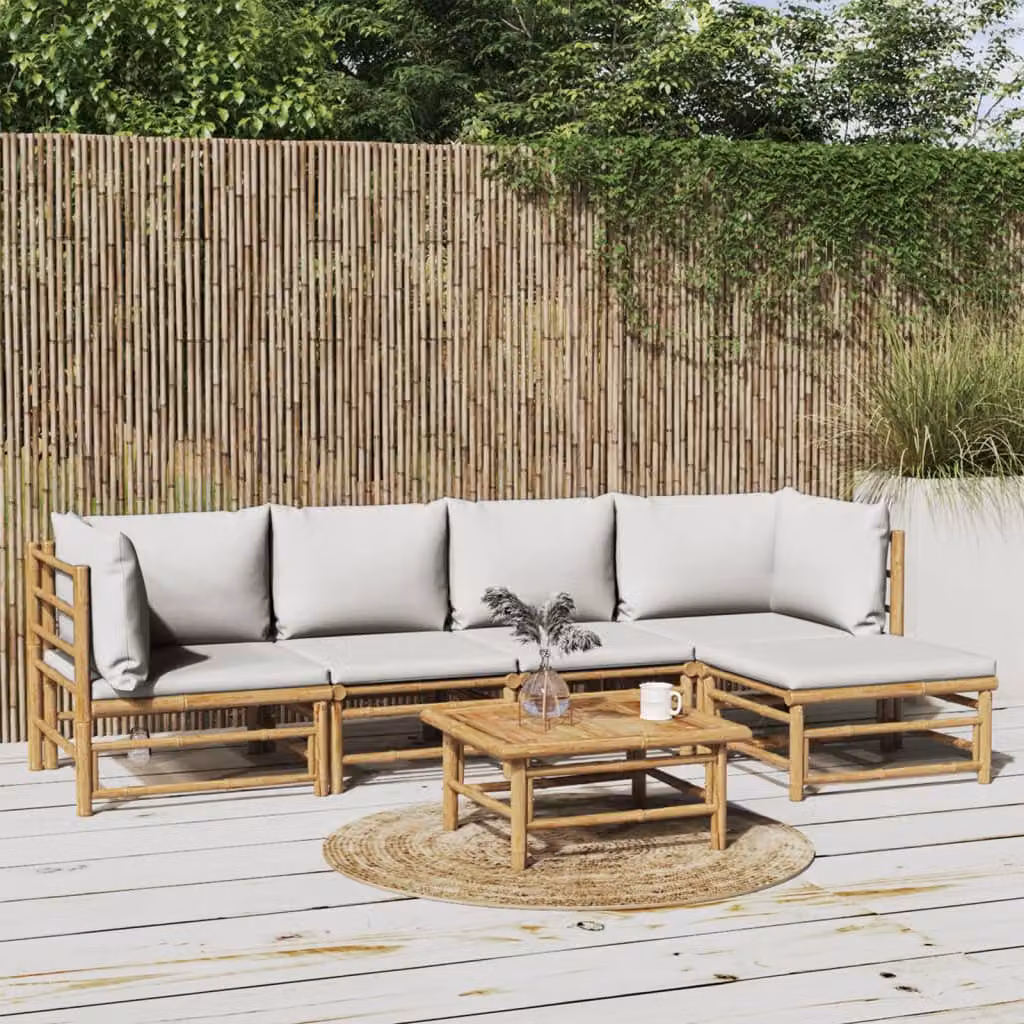 Set Salotto da Giardino vidaXL in Bambu con 6 Pezzi e Cuscini Grigio Chiaro