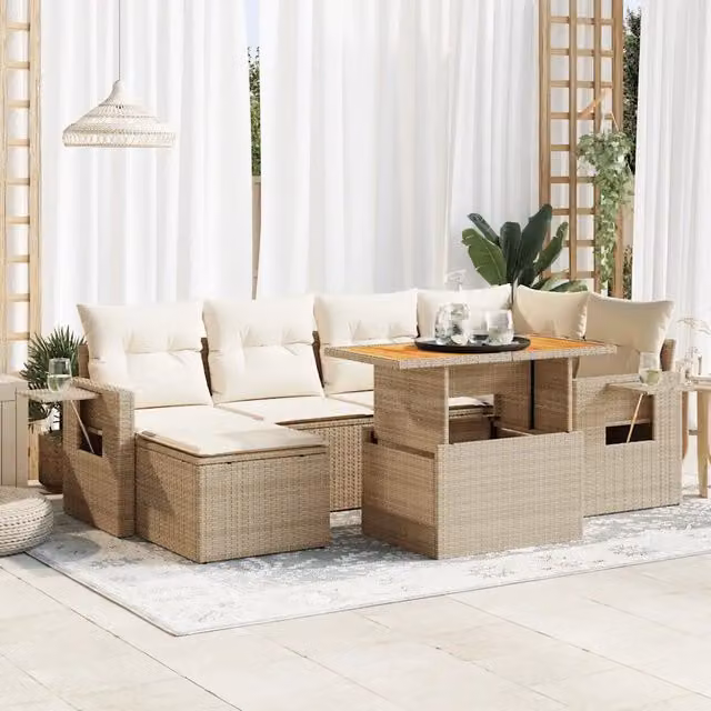 Set Divani da Giardino 7 pz con Cuscini Beige in Polyrattan 3327173