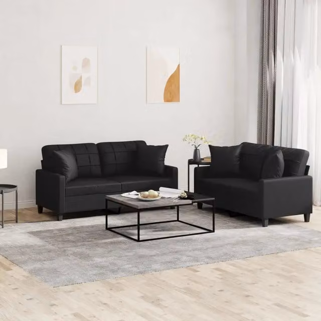Set di 2 divani con funzione letto e cuscini vidaXL in similpelle nera per soggiorno