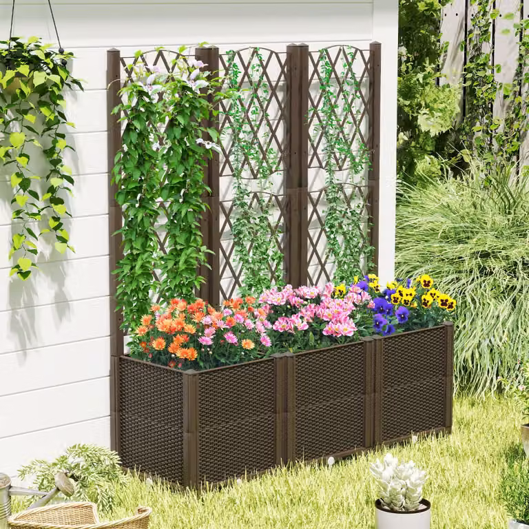 Letto da giardino rialzato con traliccio Costway in legno marrone, ideale per fiori e verdure, L: 140 cm, P: 40 cm, H: 40 cm