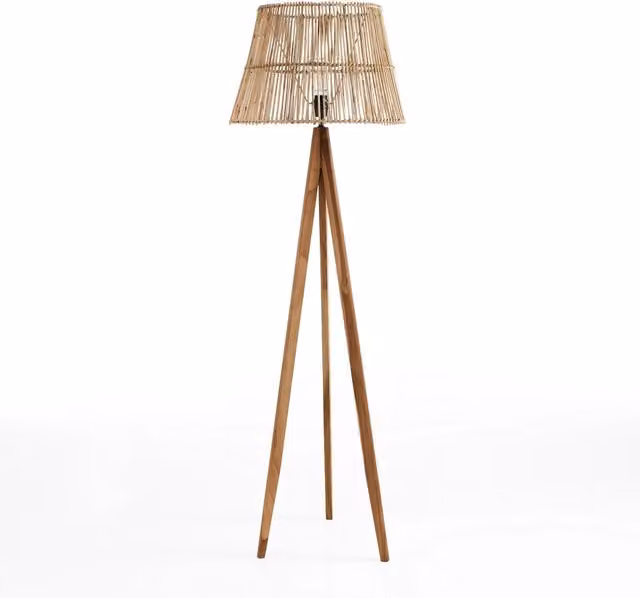 Lampada da terra in rattan beige struttura in teak