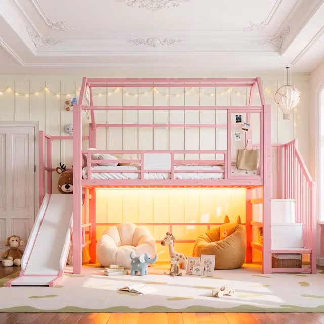 Desviae Letto a soppalco per bambini 90 × 200 cm con scivolo scala LED Bluetooth in metallo e MDF rosa con protezioni EN 747