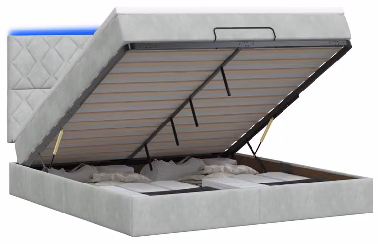 Panca contenitore con materasso e illuminazione LED, grigio chiaro, 140 x 190 cm, rivestita in velluto