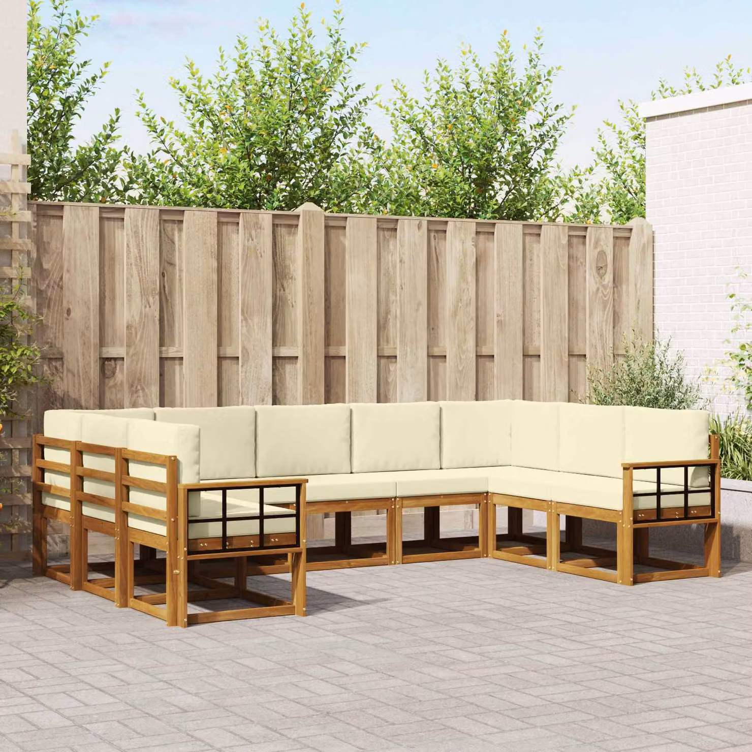 Set di divani da esterno vidaXL a forma di U in legno di acacia con cuscini, 9 pezzi, Beige e Marrone