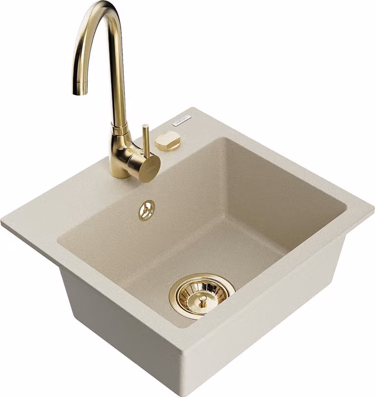 Mexen Milo lavello in granito a 1 vasca con rubinetto da cucina Telma, beige - 6505-69-670200-50