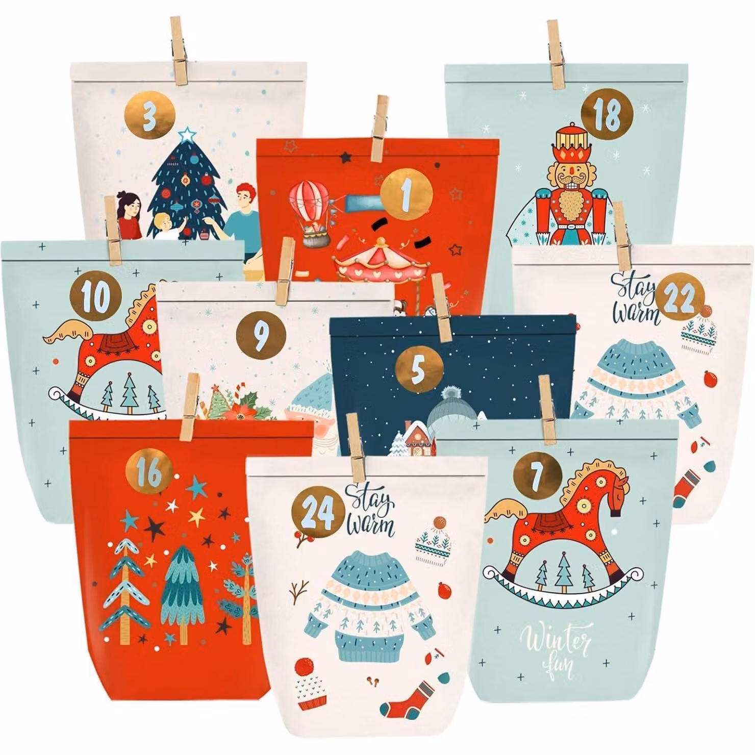 Calendario dell'Avvento con 24 sacchetti di carta, numeri adesivi, ideale per attività creative, disponibile in colori vivaci, tra cui il blu