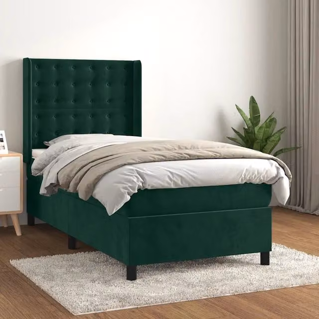 Letto con Giroletto a Molle e Materasso Ibrido vidaXL in Velluto Verde Scuro e Bianco L/P/H: 203 x 103 x 128 cm – 1