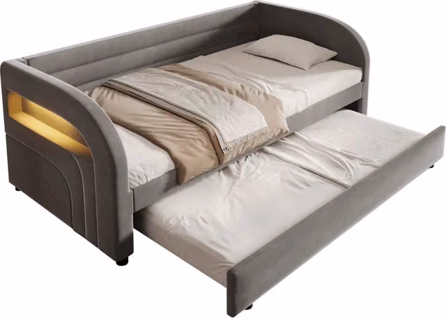 Letto singolo 90 × 200 cm con letto estraibile e illuminazione LED regolabile, senza materasso, in velluto grigio