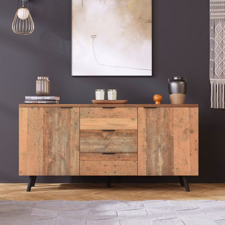 Cassettiera Merax con ripiani regolabili, 3 cassetti e 2 ante, credenza in legno di recupero, 140x35x70cm, marrone