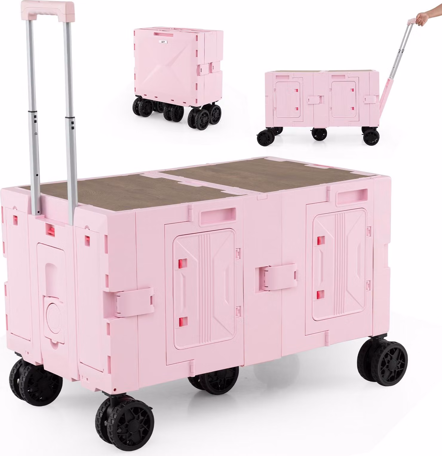 COSTWAY Carrello pieghevole da 150 litri, carrello da trasporto con piano d'appoggio, 2 contenitori, maniglia e portabicchieri, carrello da giardino fino a 60 kg, rosa
