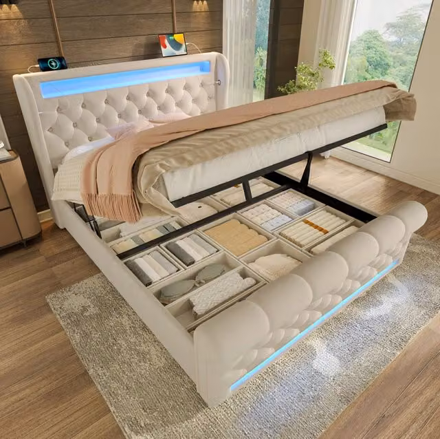 Letto matrimoniale imbottito ULEVR 140x200 cm con contenitore idraulico, LED, USB e Type-C, velluto beige
