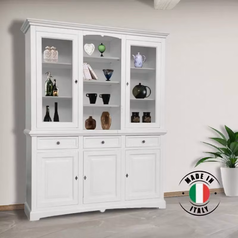 Mobili 2G Cristalleria in legno di pino stile shabby chic bianco con 3 ante e ante in vetro L/P/H: 170 x 46 x 215 cm – 2