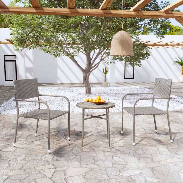 Set Mobili da Pranzo per Giardino e Terrazzo vidaXL in 3 Pezzi in Polyrattan Grigio con Tavolo Rotondo