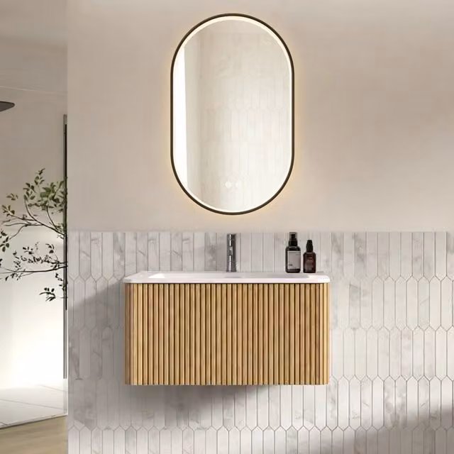 Set mobile bagno 80 cm, lavabo con sottolavabo sospeso, colore quercia, preassemblato. Specchio ovale 50x80 cm con cornice nera e strass