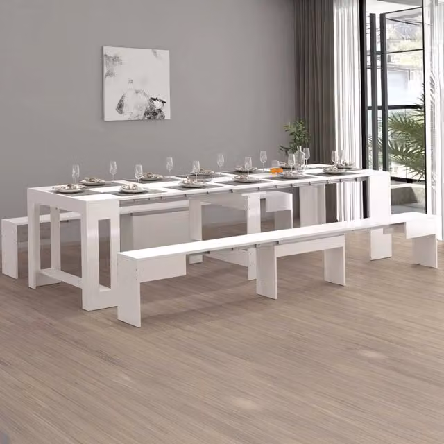 Set di 2 panche allungabili Quedan DMORA per tavolo da pranzo, Bianco lucido, L: 290 cm, H: 45 cm, P: 25 cm – 1
