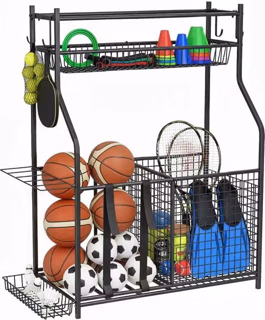 Scaffale porta attrezzi sportivi con cestini ganci rimovibili ed elastici per garage e casa, 92 x 42 x 109 cm, nero