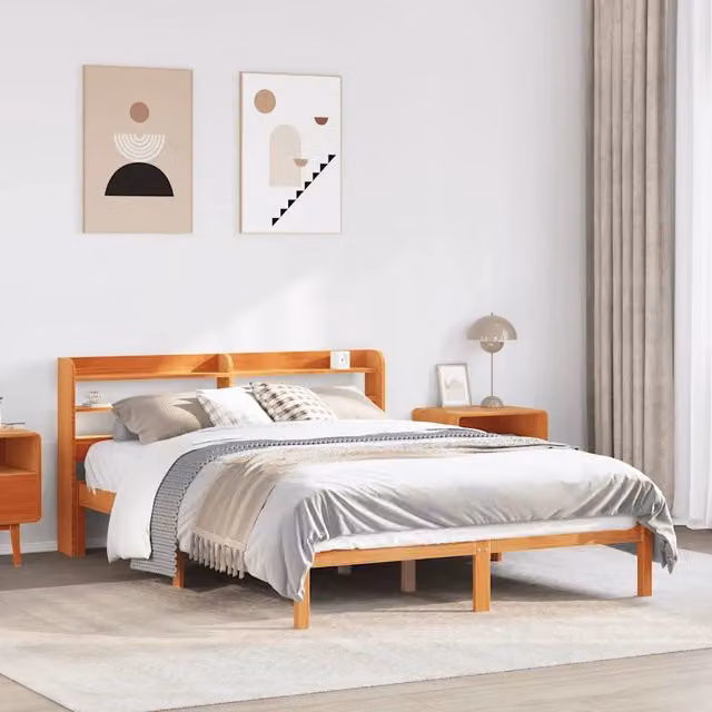 Letto con testiera in legno massello di pino vidaXL colore marrone cera L: 135 cm, P: 190 cm, H: 145 cm