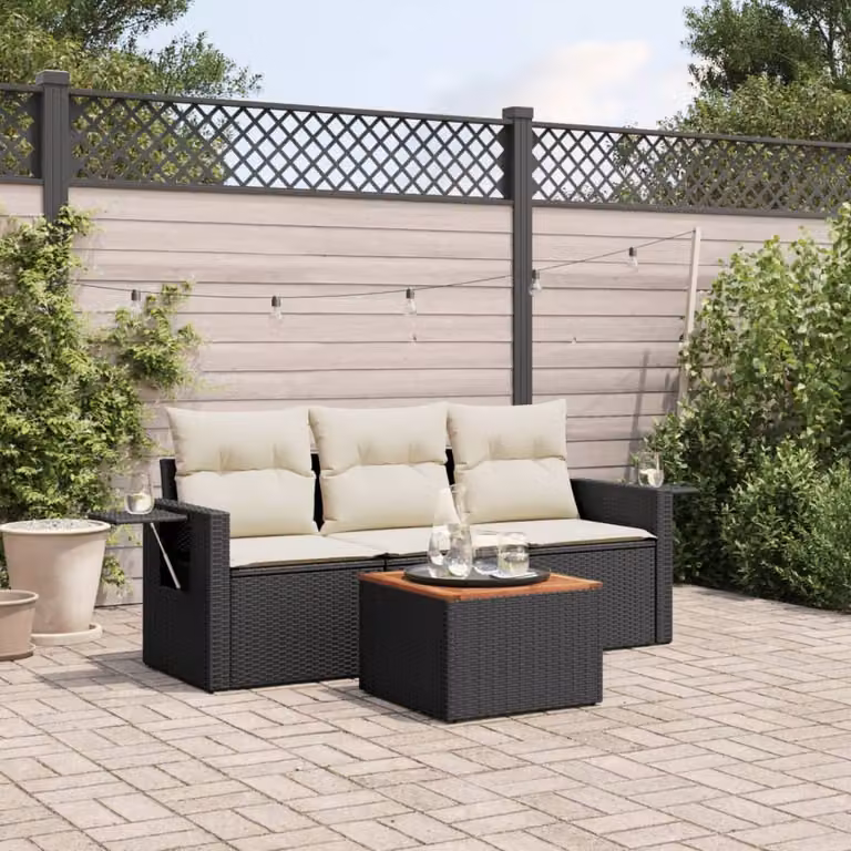 Set di divani da giardino vidaXL in polyrattan nero con cuscini e tavolino da esterno