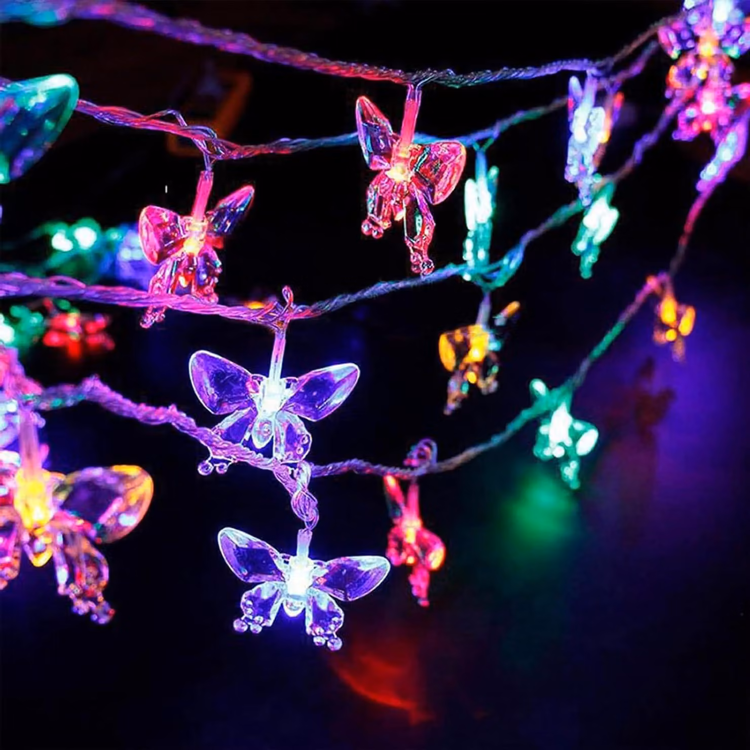 Catena luminosa a LED con farfalle colorate, lunghezza 3 metri, luce bianco caldo