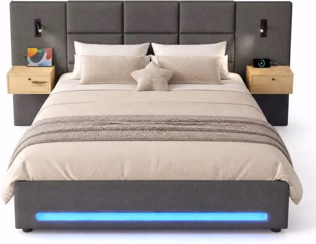 Letto matrimoniale 180x200 cm con contenitore idraulico; LED; USB-C e velluto grigio scuro