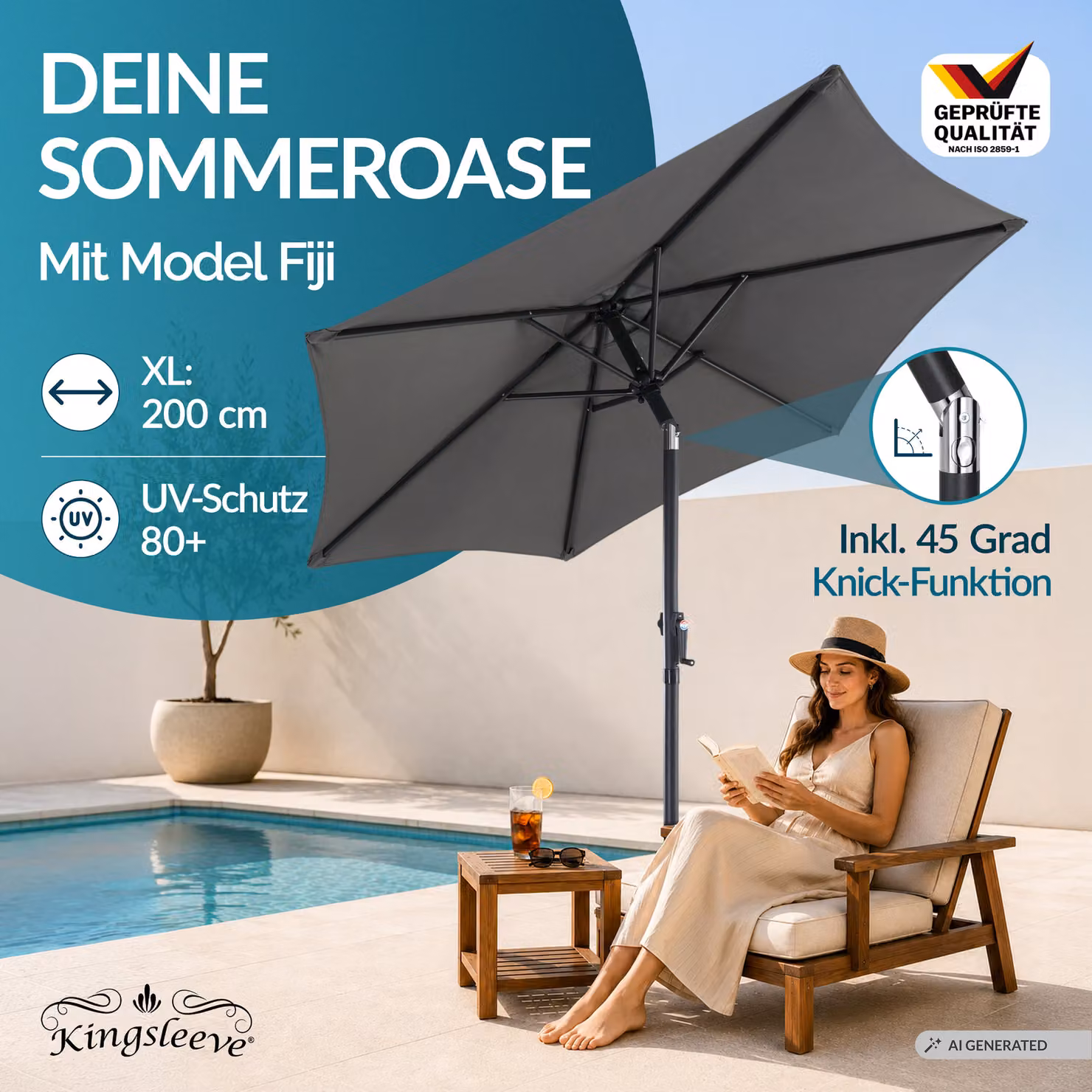 Ombrellone Kingsleeve con manovella e inclinabile in alluminio e poliestere colore antracite Ø 200 cm – 2