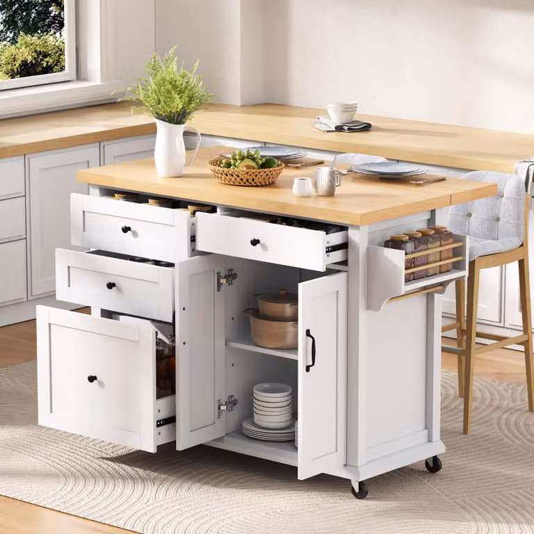 Isola da cucina STILVORA con ruote e tavolo allungabile. Carrello da cucina con cassetti multifunzionali. Mobile da cucina ideale per cucina e sala da pranzo (bianco)