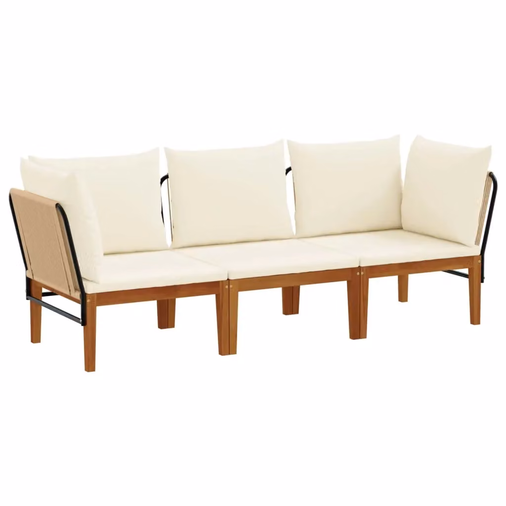 Set di divani da giardino a L vidaXL in legno di acacia con cuscini beige e bianchi