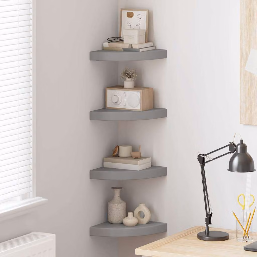 Set di 4 Scaffali Angolari da Parete vidaXL in MDF e Metallo, Grigio, L/P/H: 25 x 25 x 3,8 cm