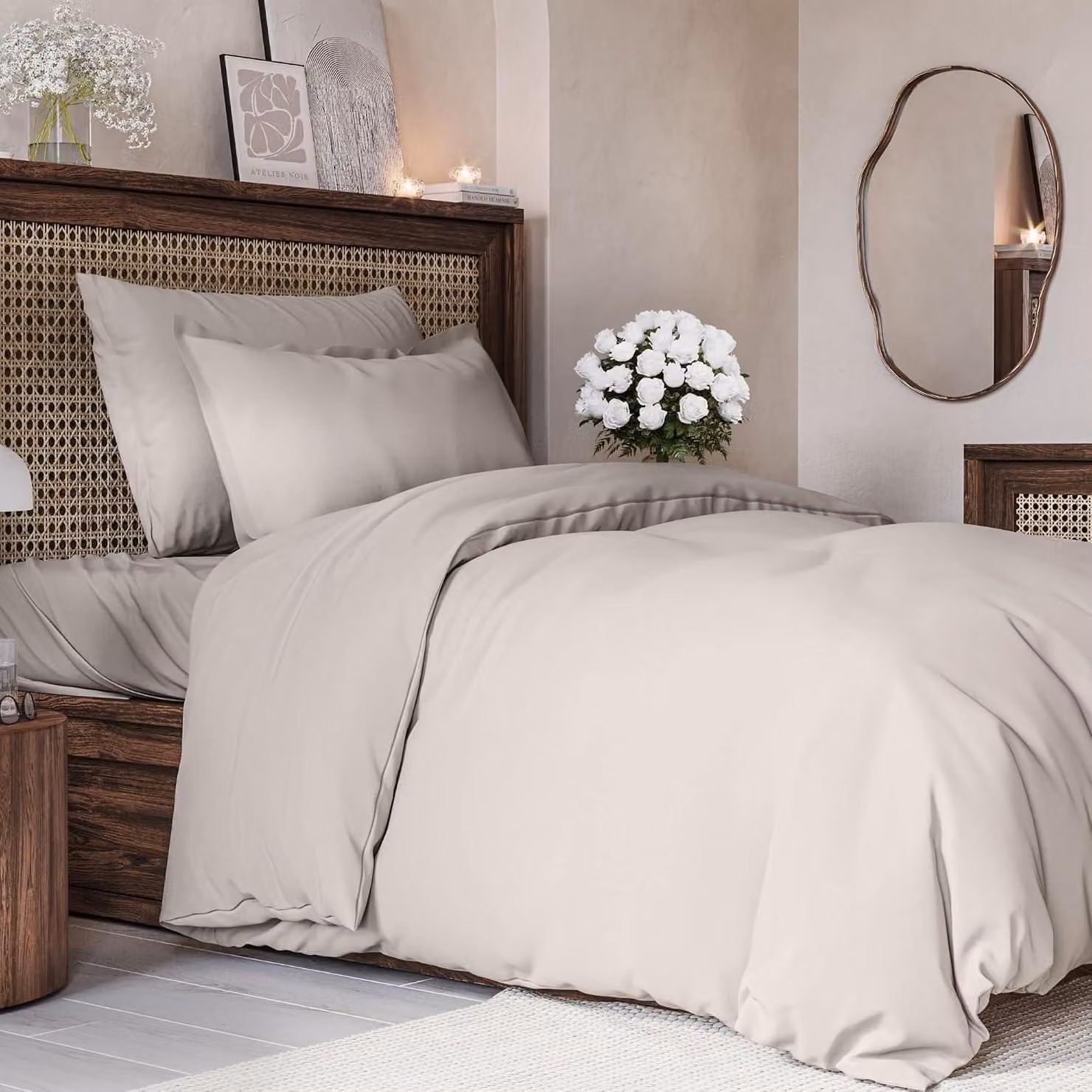 Set di lenzuola con copripiumino 135x200 cm - 3 pezzi - Microfibra - Con chiusura a zip -  Oeko-Tex - Grigio chiaro