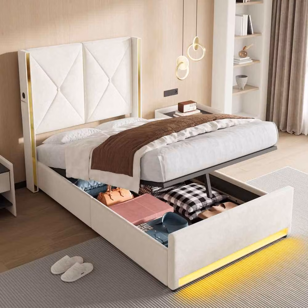 Letto imbottito multifunzionale AIORBER 90x200 cm in velluto, letto con contenitore e sistema idraulico, illuminazione a LED e porte USB/Type-C, con tasche laterali incluse, beige