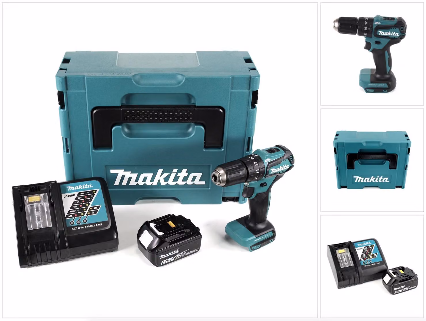 Makita DHP 483 RT1J Trapano avvitatore a percussione brushless a batteria 18 V in valigetta MAKPAC + 1x Batteria 5,0 Ah + Caricatore rapido