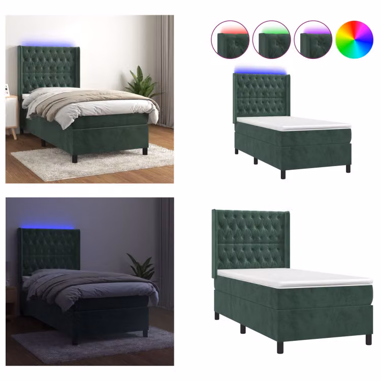 vidaXL Letto a molle con materasso e LED in velluto verde scuro 100x200 cm - Letto a molle - Boxspringbetten - Bett - Schlafzimmermöbel