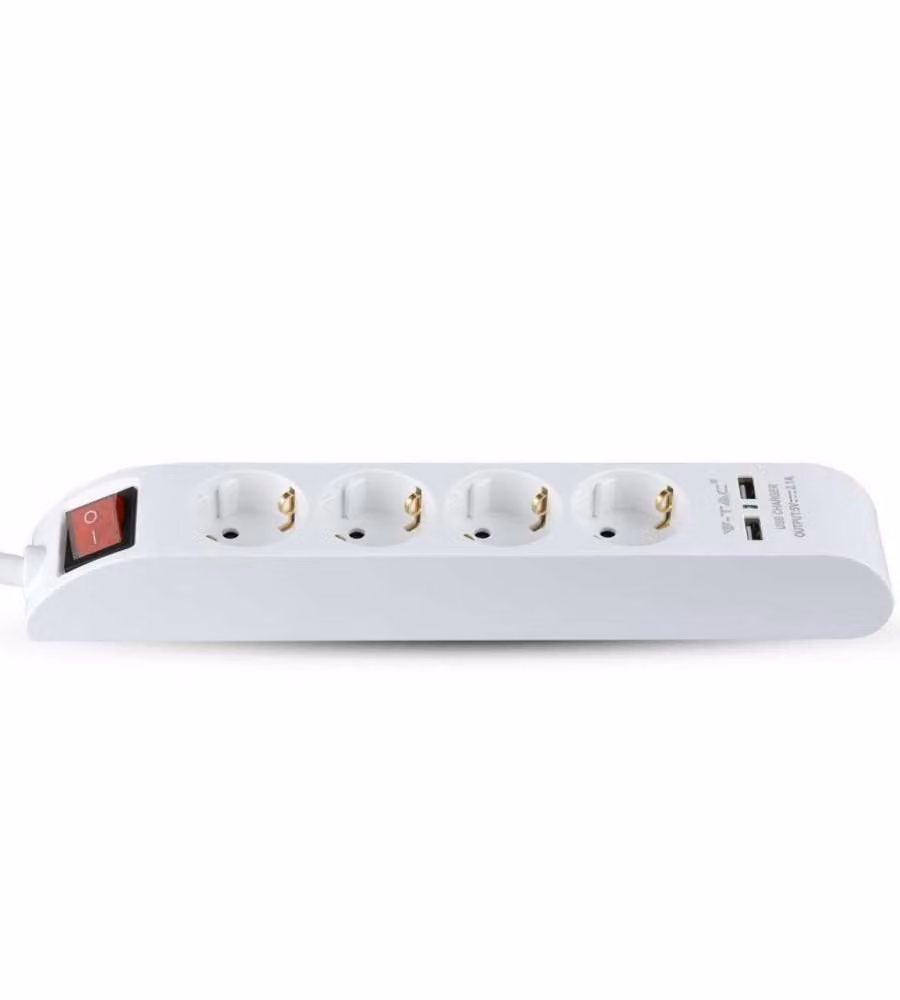 Multipresa con Cavo 1,4mt 4 Prese 16A con Interruttore Luminoso e 2 USB Colore Bianco