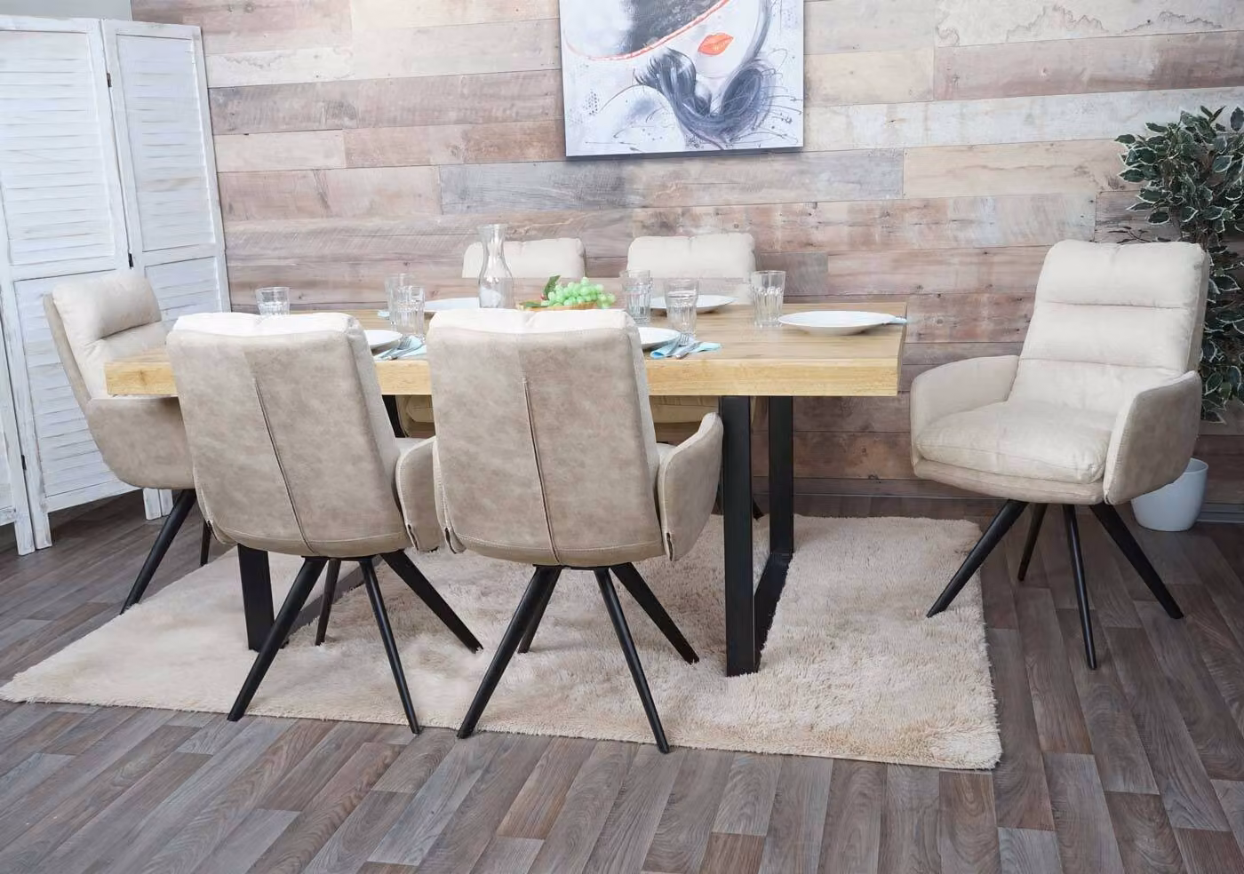 Set da 6 sedie da sala da pranzo MCW-G66, sedia da cucina girevole con posizione automatica, rivestimento in tessuto MVG ~ color crema, con braccioli