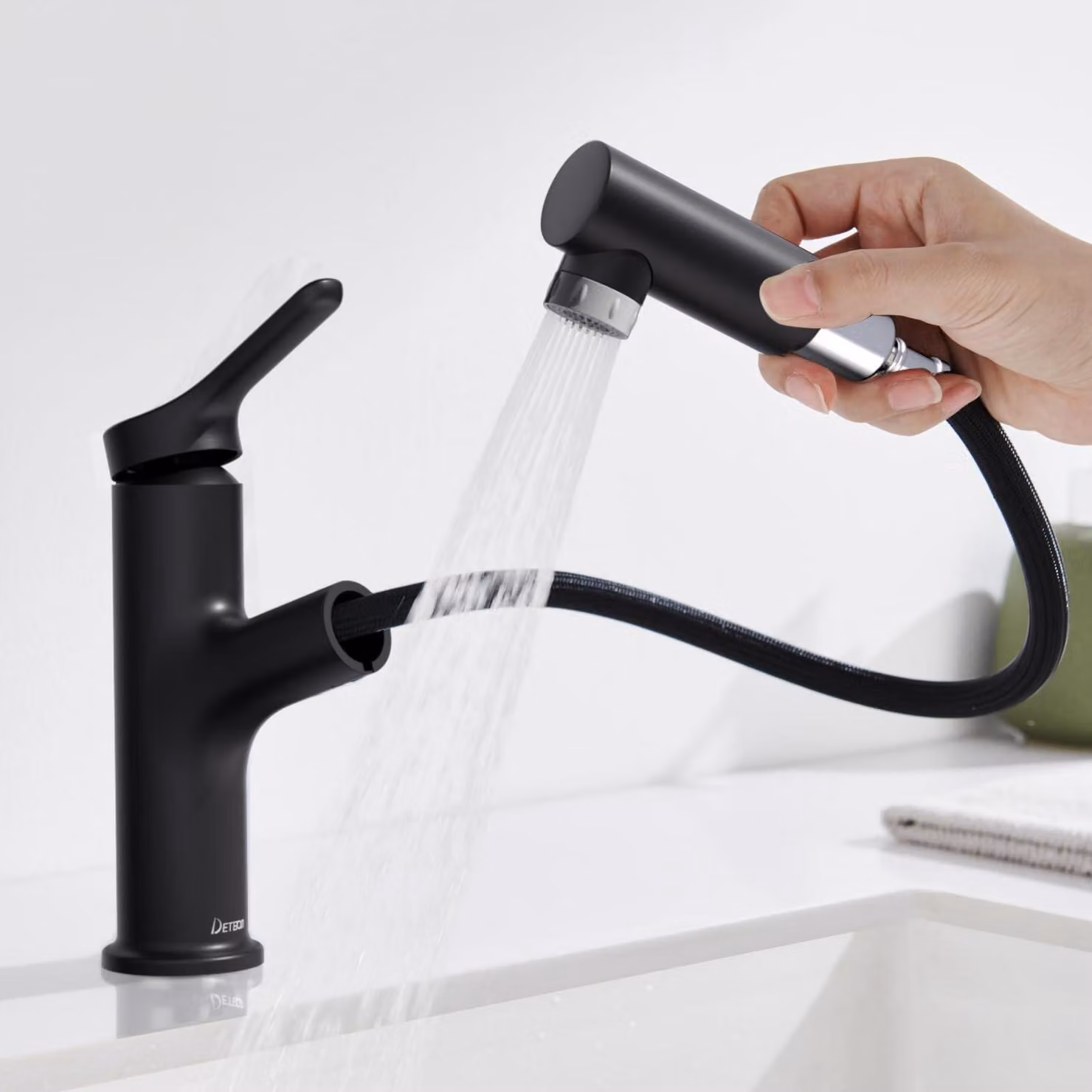 Miscelatore per lavabo con doccetta estraibile, 2 getti, monocomando, colore nero, 196 mm
