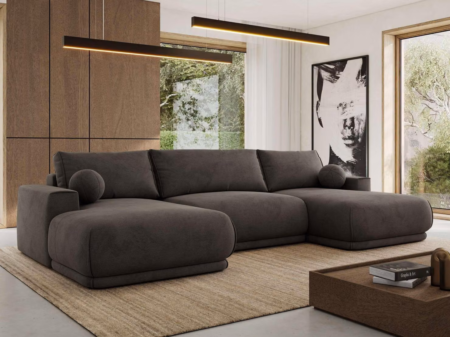 MKS MEBLE Divano ad angolo XXL RINA, divano componibile a forma di U con funzione letto e molle ondulate, funzione letto a scomparsa - Grigio scuro vellutato