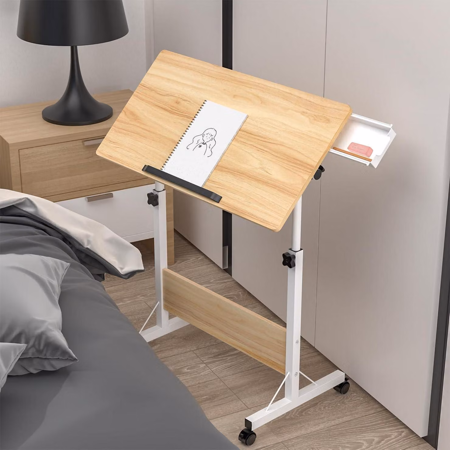 Tavolo pieghevole per computer con rotelle, dimensioni 80x40 cm, altezza regolabile da 64 a 89 cm, scrivania regolabile in altezza, aspetto in legno